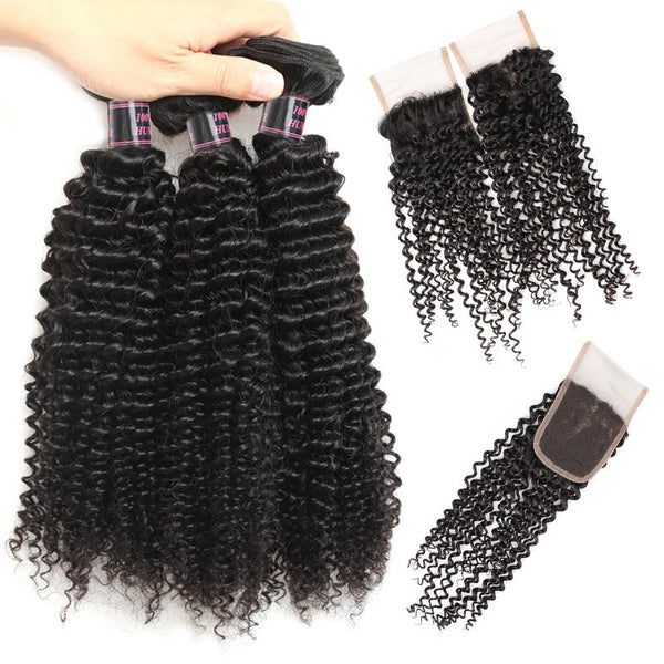 Easy Hair Peruvian Kinky Curly Human Hair 3 Bundles With Lace Closure - Easy Hair