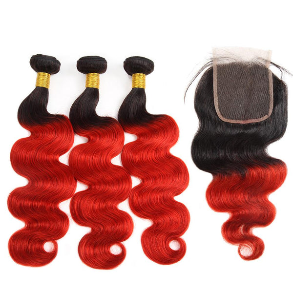 Easy Hair Indian T1B/39J Ombre Body Wave Virgin Human Hair Extensions 3 Bundles With 4x4 Lace Closure - Easy Hair