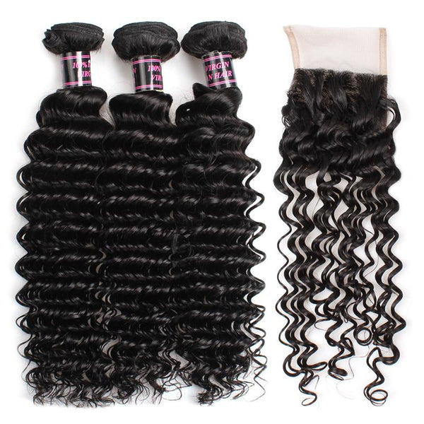 Easy Hair Malaysian Virgin Human Hair Deep Wave 3 Bundles With Lace Closure - Easy Hair