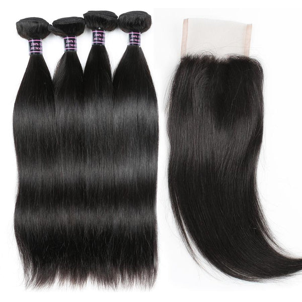 Easy Hair Malaysian Straight Hair Virgin Human Hair 4 Bundles With Lace Closure Hair - Easy Hair