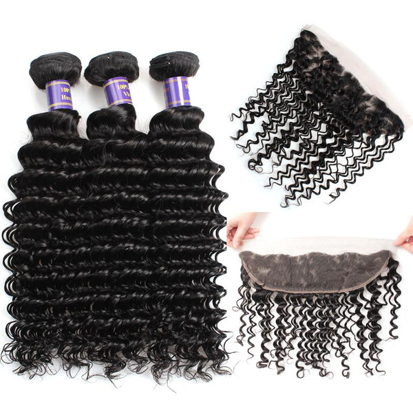 Easy Hair 10A Malaysian Deep Wave Hair 4 Bundles With Lace Frontal Closure Natural Color - Easy Hair
