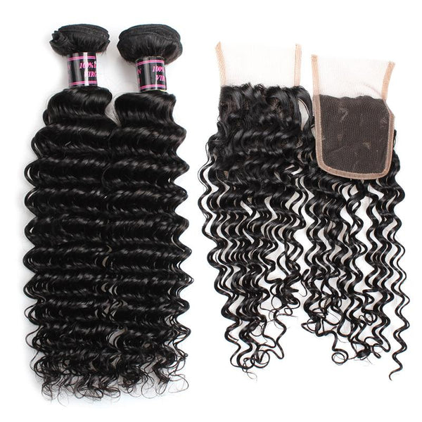 Easy Hair Peruvian Virgin Hair Deep Wave 3 Bundles With Free Part Lace Closure - Easy Hair
