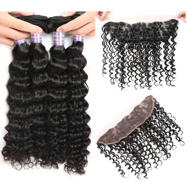 Easy Hair 10A Indian Deep Wave Hair 4 Bundles With Lace Frontal Closure Natural Color - Easy Hair