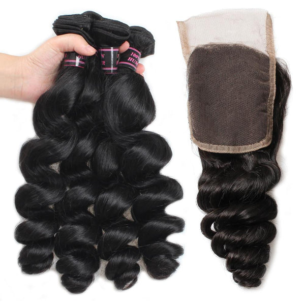 Easy Hair Peruvian Virgin Hair Loose Wave 3 Bundles With Lace Closure - Easy Hair