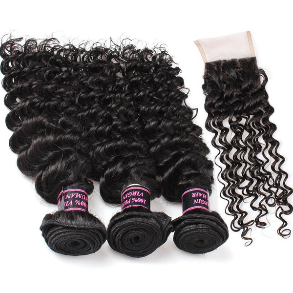 Easy Hair Peruvian Virgin Hair Deep Wave 3 Bundles With Free Part Lace Closure - Easy Hair