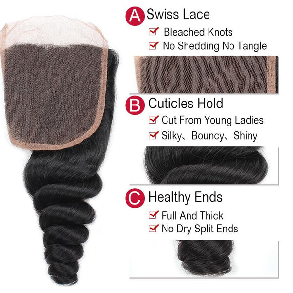 Easy Hair 10A Malaysian Loose Wave Hair Virgin Human Hair 3 Bundles With Lace Closure - Easy Hair