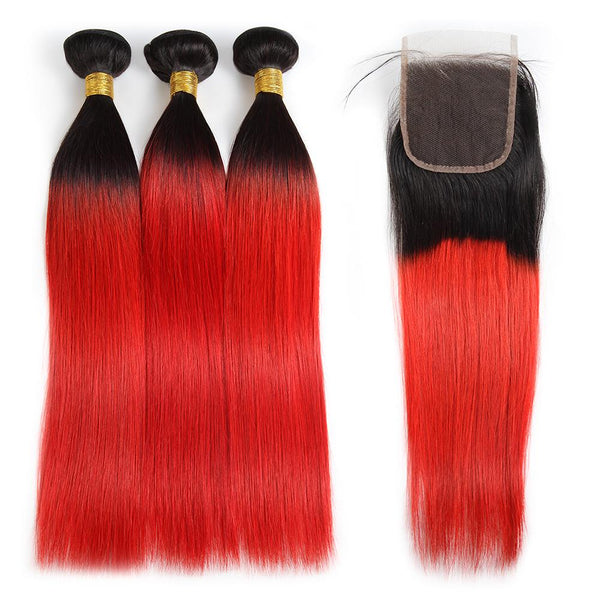 Easy Hair Ombre T1B/39J Brazilian Virgin Straight Wave Human Hair Extensions 3 Bundles With 4*4 Lace Closure - Easy Hair