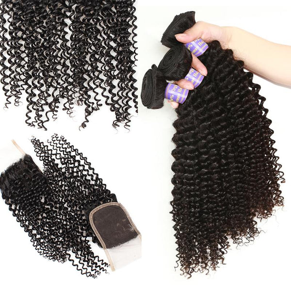Easy Hair 10A Malaysian Human Hair Kinky Curly Human Extensions 3 Bundles With Lace Closure - Easy Hair