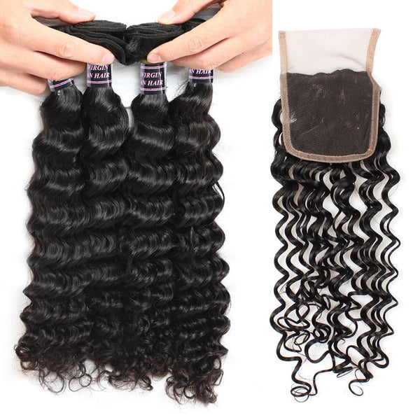 Easy Hair Brazilian Deep Wave Hairstyles 4 Bundles with Lace Hair Closure - Easy Hair