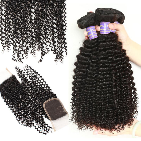Easy Hair  10A Unprocessed Peruvian Kinky Curly Human Hair 3 Bundles With Lace Closure - Easy Hair