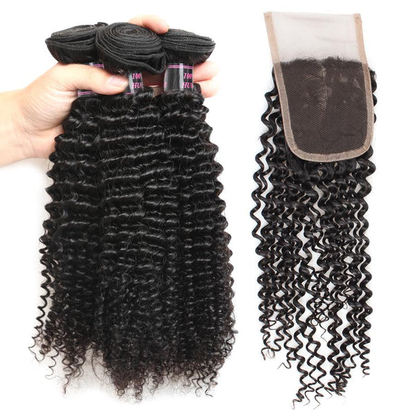 Easy Hair Natural Indian Curly Hair Extensions 3pcs With Lace Closure - Easy Hair