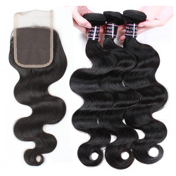 Easy Hair Brazilian Body Wave Virgin Human Hair 3 Bundles With 4x4 Lace Closure - Easy Hair