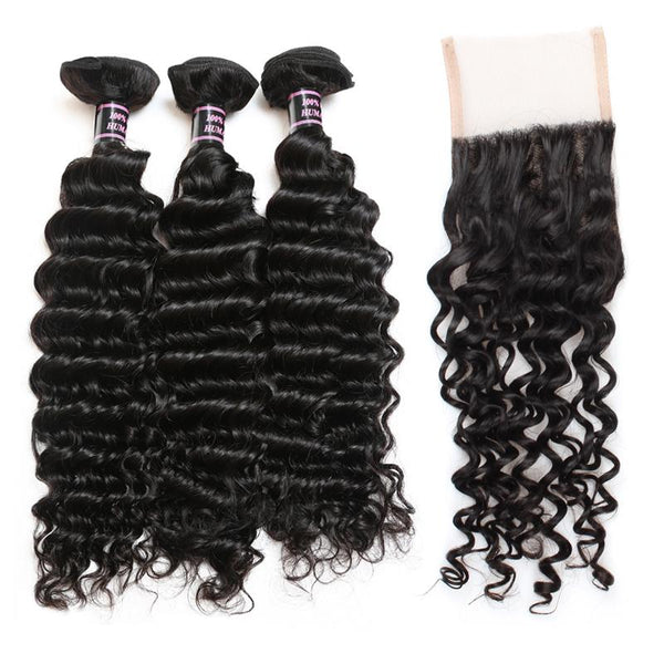 Easy Hair Peruvian Virgin Hair Deep Wave 3 Bundles With Free Part Lace Closure - Easy Hair
