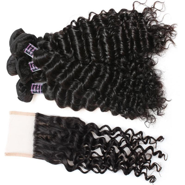 Easy Hair Peruvian Deep Wave Human Hair Weave 4 Bundles With Lace Closure - Easy Hair
