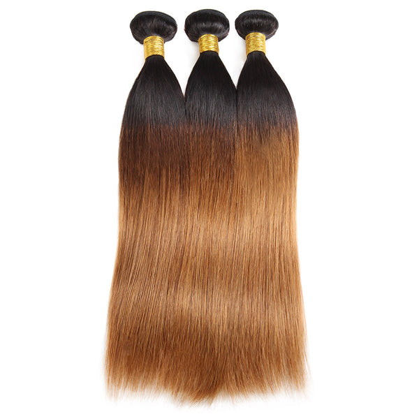 Easy Hair Ombre T1B30 Peruvian Virgin Straight Wave Human Hair Extensions 3 Bundles With 4*4 Lace Closure - Easy Hair