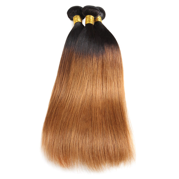 Easy Hair Ombre T1B30 Brazilian Virgin Straight Wave Human Hair Extensions 3 Bundles With 4*4 Lace Closure - Easy Hair