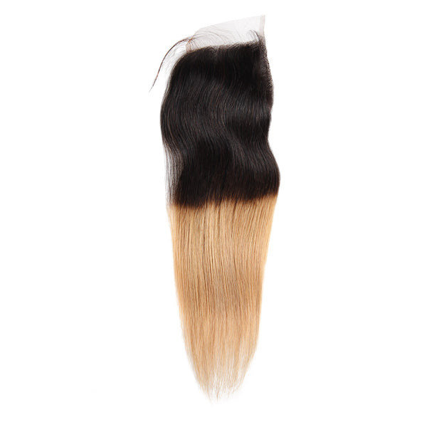 Easy Hair Ombre T1B/27 Brazilian Virgin Straight Wave Human Hair Extensions 3 Bundles With 4*4 Lace Closure - Easy Hair