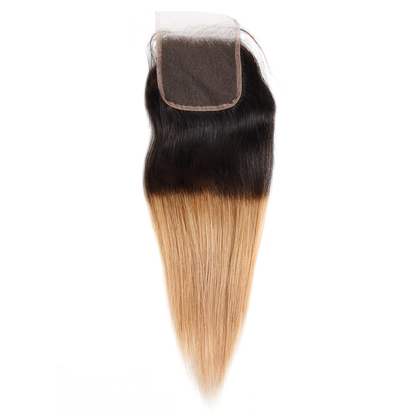 Easy Hair Ombre T1B/27 Brazilian Virgin Straight Wave Human Hair Extensions 3 Bundles With 4*4 Lace Closure - Easy Hair