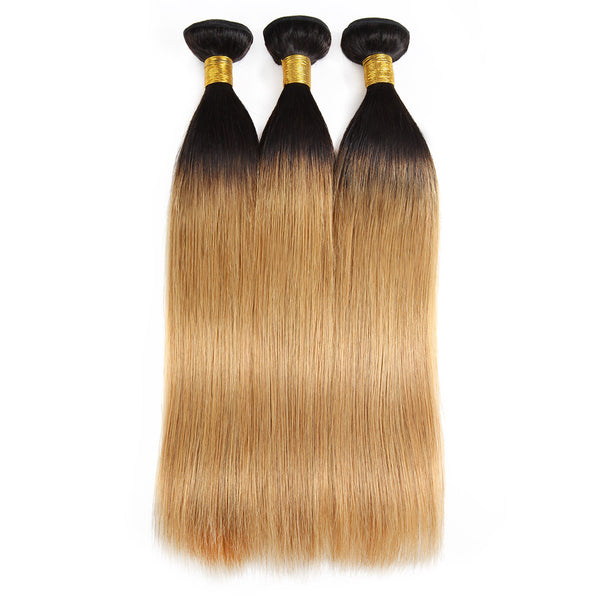 Easy Hair Ombre T1B/27 Brazilian Virgin Straight Wave Human Hair Extensions 3 Bundles With 4*4 Lace Closure - Easy Hair