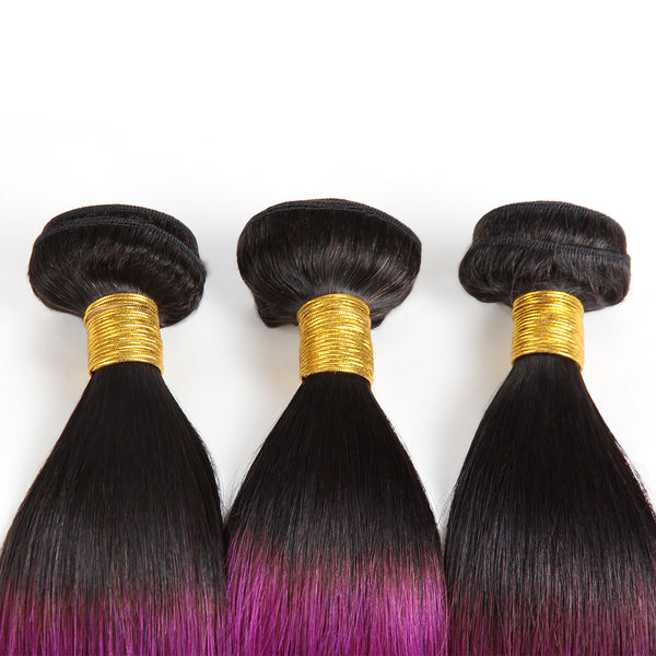 Easy Hair Ombre T1B/BUG Malaysian Virgin Straight Wave Human Hair Extensions 3 Bundles With 4*4 Lace Closure - Easy Hair