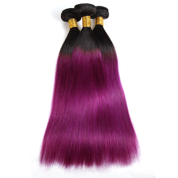 Easy Hair Ombre T1B/BUG Indian Virgin Straight Wave Human Hair Extensions 3 Bundles With 4*4 Lace Closure - Easy Hair