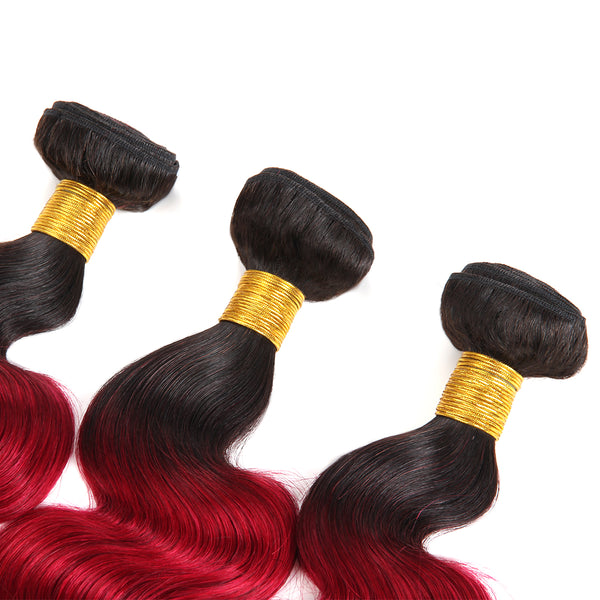 Easy Hair Indian T1B/99J Ombre Body Wave Virgin Human Hair Extensions 3 Bundles With 4x4 Lace Closure - Easy Hair