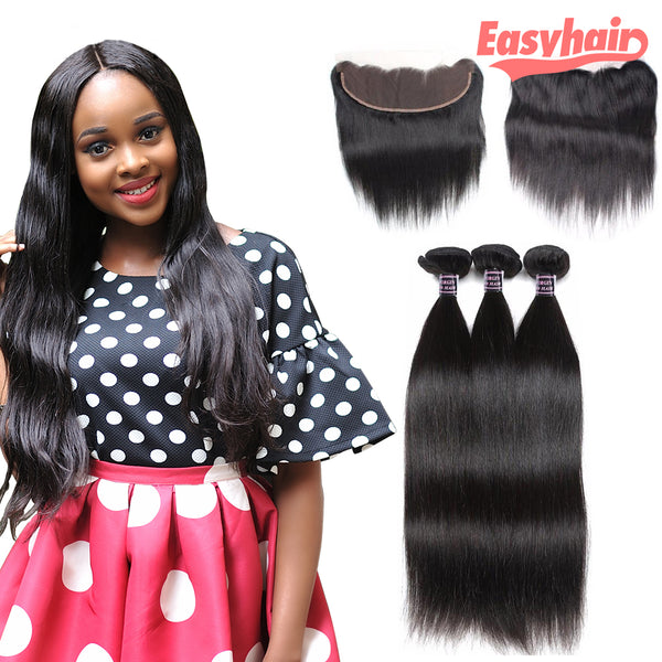 Easy Hair 8A Brazilian Virgin Straight Hair 3 Bundles With Lace Frontal Closure - Easy Hair