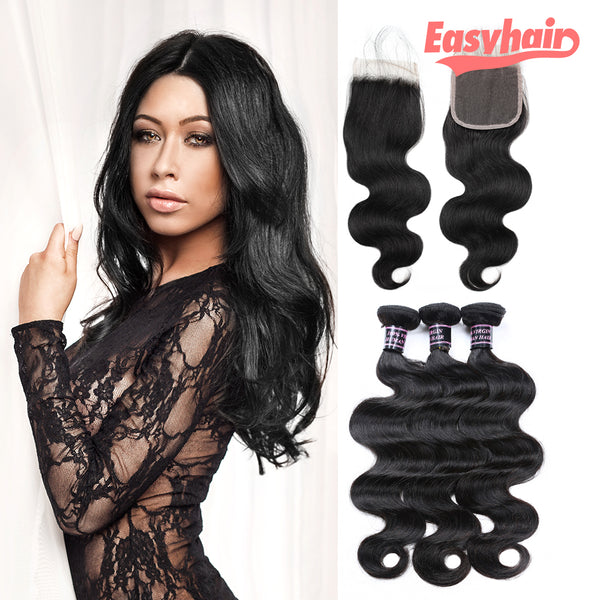 Easy Hair Malaysian Body Wave Virgin Human Hair 3 Bundles With Lace Closure - Easy Hair
