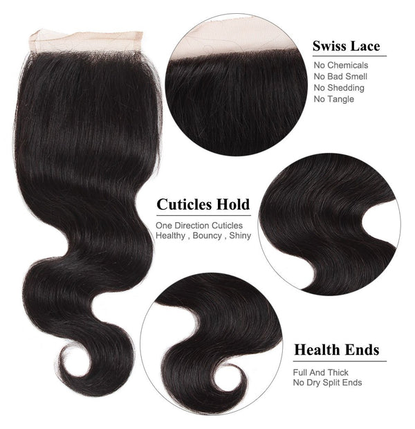 Easy Hair Virgin Indian Body Wave Human Hair Lace Closure 4*4 Swiss Lace Closure - Easy Hair