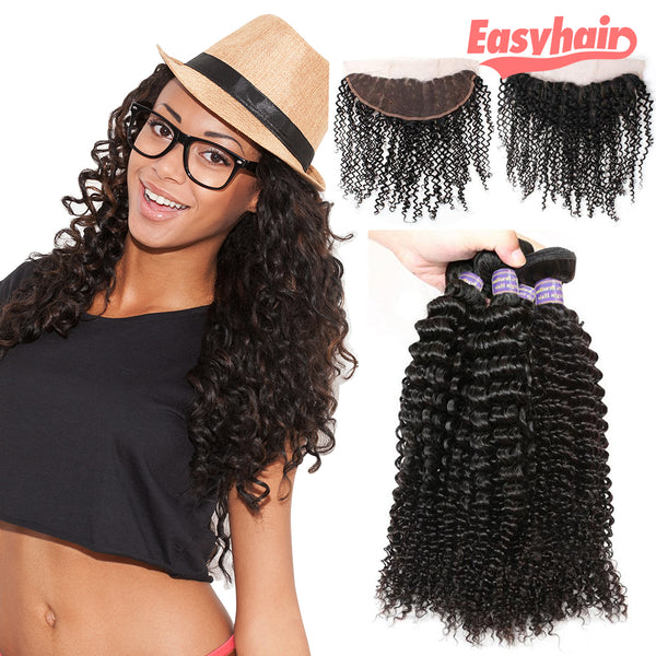 Easy Hair 10A Brazilian Kinky Curly Virgin Human Hair 4 Bundles with 13x4 Lace Frontal Closure - Easy Hair
