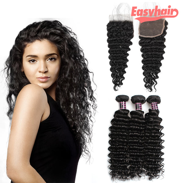 Easy Hair Peruvian Virgin Hair Deep Wave 3 Bundles With Free Part Lace Closure - Easy Hair