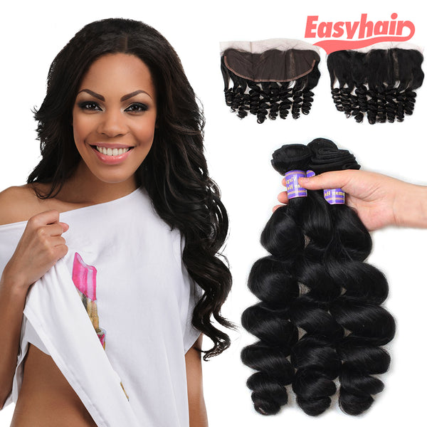 Easy Hair 10A Indian 100 Human Hair Weave Loose Wave 3 Bundles With 13*4 Lace Closure - Easy Hair