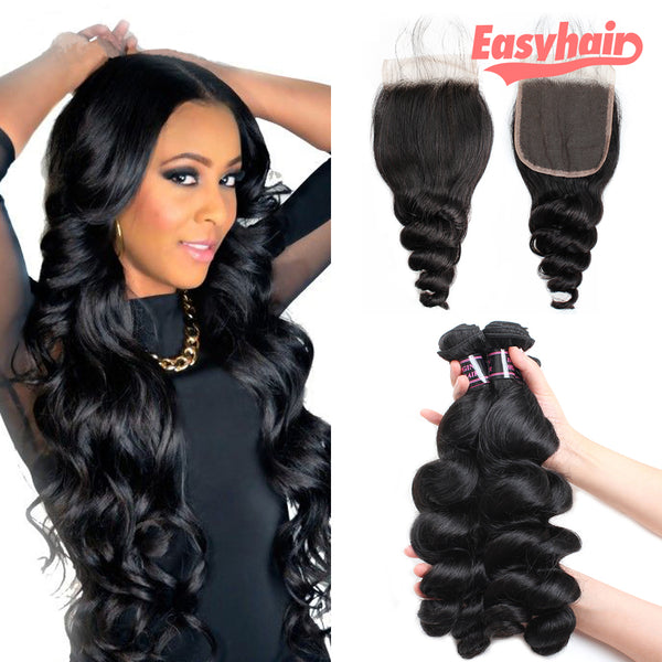 Easy Hair Peruvian Virgin Hair Loose Wave 3 Bundles With Lace Closure - Easy Hair