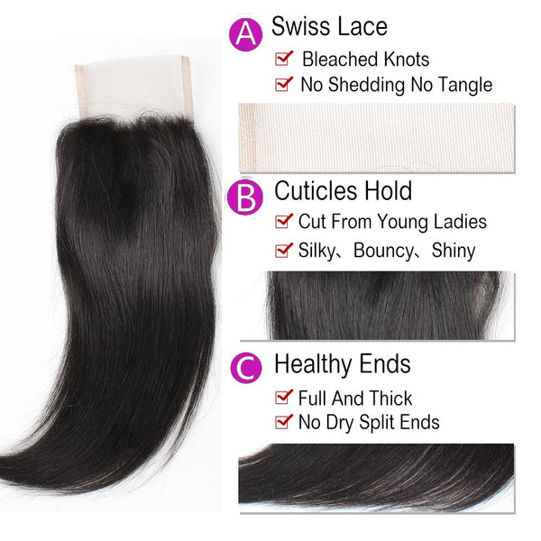 Easy Hair 10A Unprocessed Malaysian Straight Hair Weave 3 Bundles With Lace Closure - Easy Hair