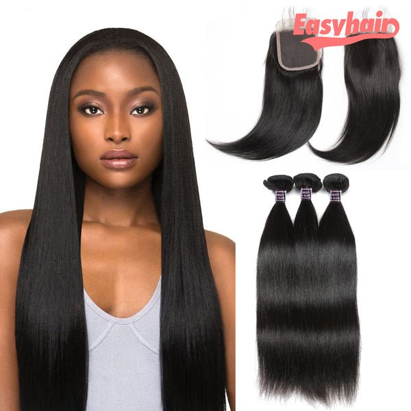 Easy Hair Peruvian Straight Virgin Human Hair 3 Bundles With Lace Closure - Easy Hair